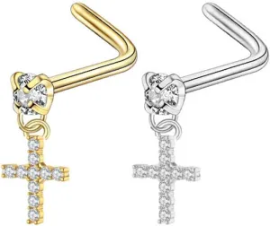 Pack 2 Gold and Silver Cubic Zirconia Jesus Cross Dangle Drop Nose Studs L Shaped Nose Rings for Women Surgical Steel Hypoallergenic Piercing Jewelry CZ Trendy Unique Dainty Gifts