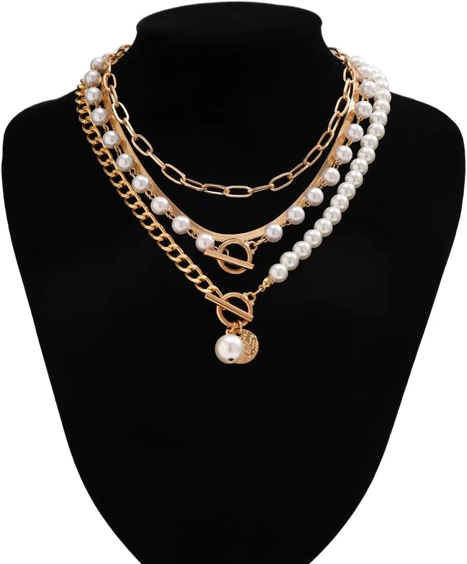 Paperclip Pearl Choker Necklace for Women Gold Layered Paperclip Chain Pearl Necklace Herringbone Necklace Trendy Layered Paperclip Pearl Necklaces Jewelry