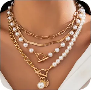 Paperclip Pearl Choker Necklace for Women Gold Layered Paperclip Chain Pearl Necklace Herringbone Necklace Trendy Layered Paperclip Pearl Necklaces Jewelry