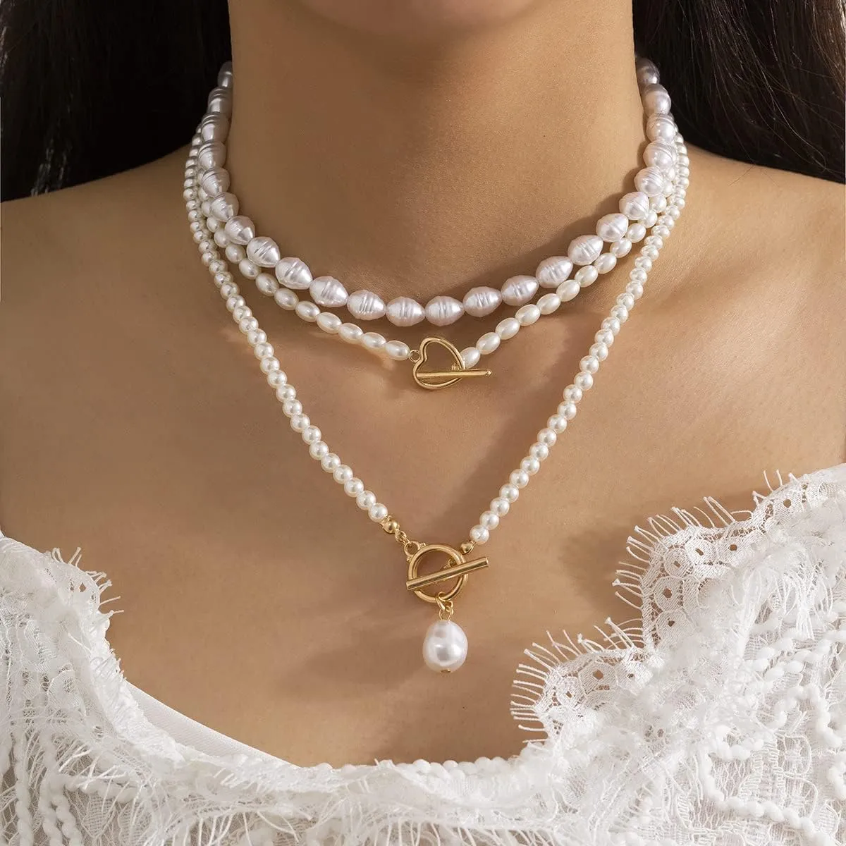 Paperclip Pearl Choker Necklace for Women Gold Layered Paperclip Chain Pearl Necklace Herringbone Necklace Trendy Layered Paperclip Pearl Necklaces Jewelry