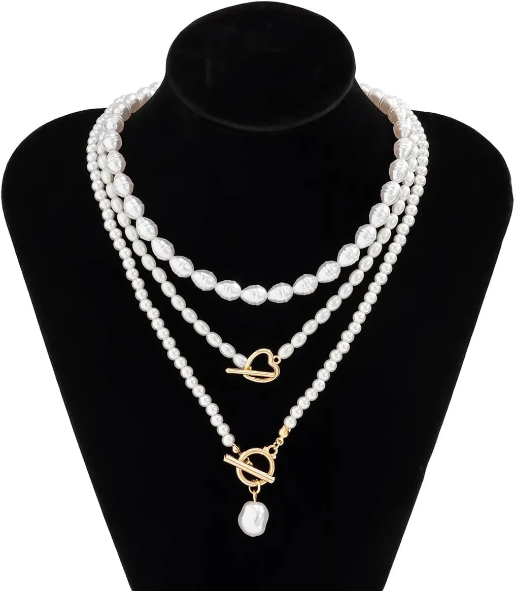 Paperclip Pearl Choker Necklace for Women Gold Layered Paperclip Chain Pearl Necklace Herringbone Necklace Trendy Layered Paperclip Pearl Necklaces Jewelry