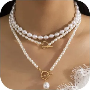 Paperclip Pearl Choker Necklace for Women Gold Layered Paperclip Chain Pearl Necklace Herringbone Necklace Trendy Layered Paperclip Pearl Necklaces Jewelry