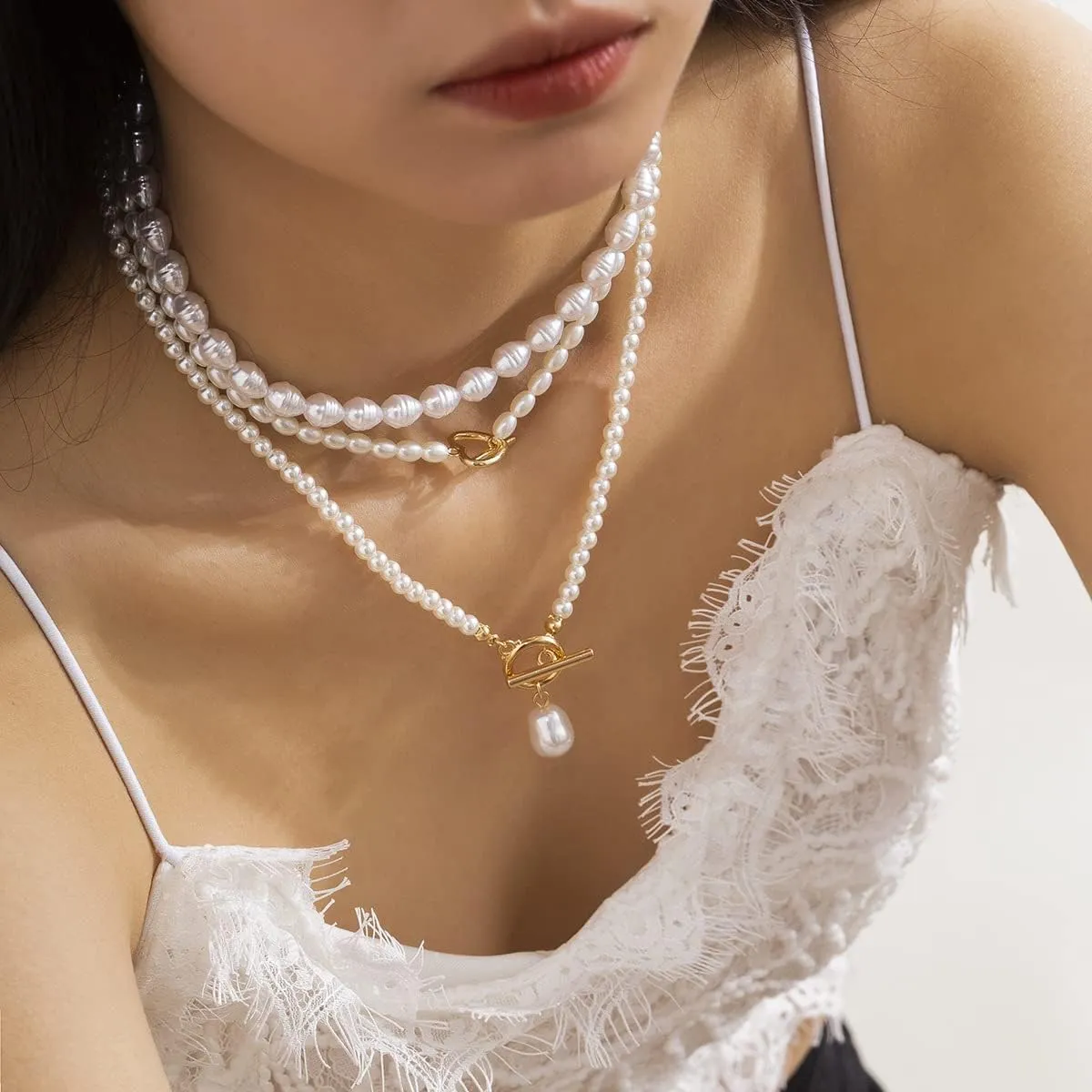Paperclip Pearl Choker Necklace for Women Gold Layered Paperclip Chain Pearl Necklace Herringbone Necklace Trendy Layered Paperclip Pearl Necklaces Jewelry