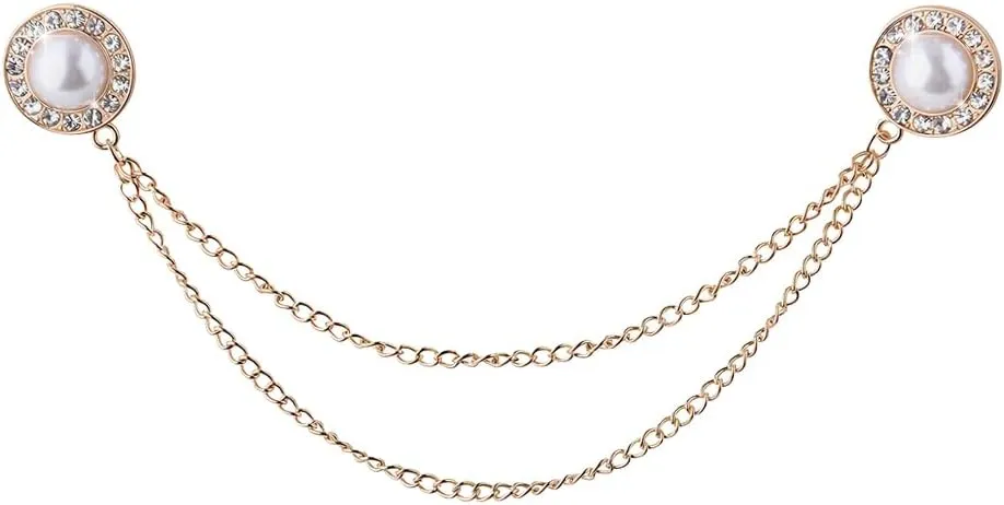 Pearl Brooch Pins Hanging Chain Lapel Pin for Men Suits Rhinestone Brooch Pin Tassel Chain Brooches Collar Pins Pearl Accessories for Men Women Dress Suit Shirt Collar Chains