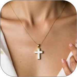 Pearl Cross Necklace for Women Mother of Pearl Necklaces Big Gold Cross Necklace Pearl Christian Gifts for Women Men Trendy Jewelry Stainless Steel Chain Necklace