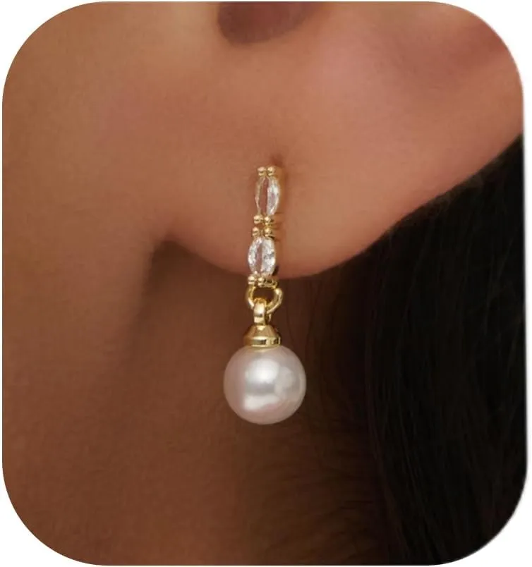 Pearl Earrings: 14k Gold-plated Cubic Zirconia Accented Pearl Drop Dangle Wedding Engagement Earrings For Women Bridal Bridesmaid