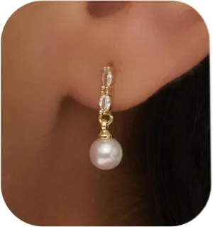Pearl Earrings: 14k Gold-plated Cubic Zirconia Accented Pearl Drop Dangle Wedding Engagement Earrings For Women Bridal Bridesmaid