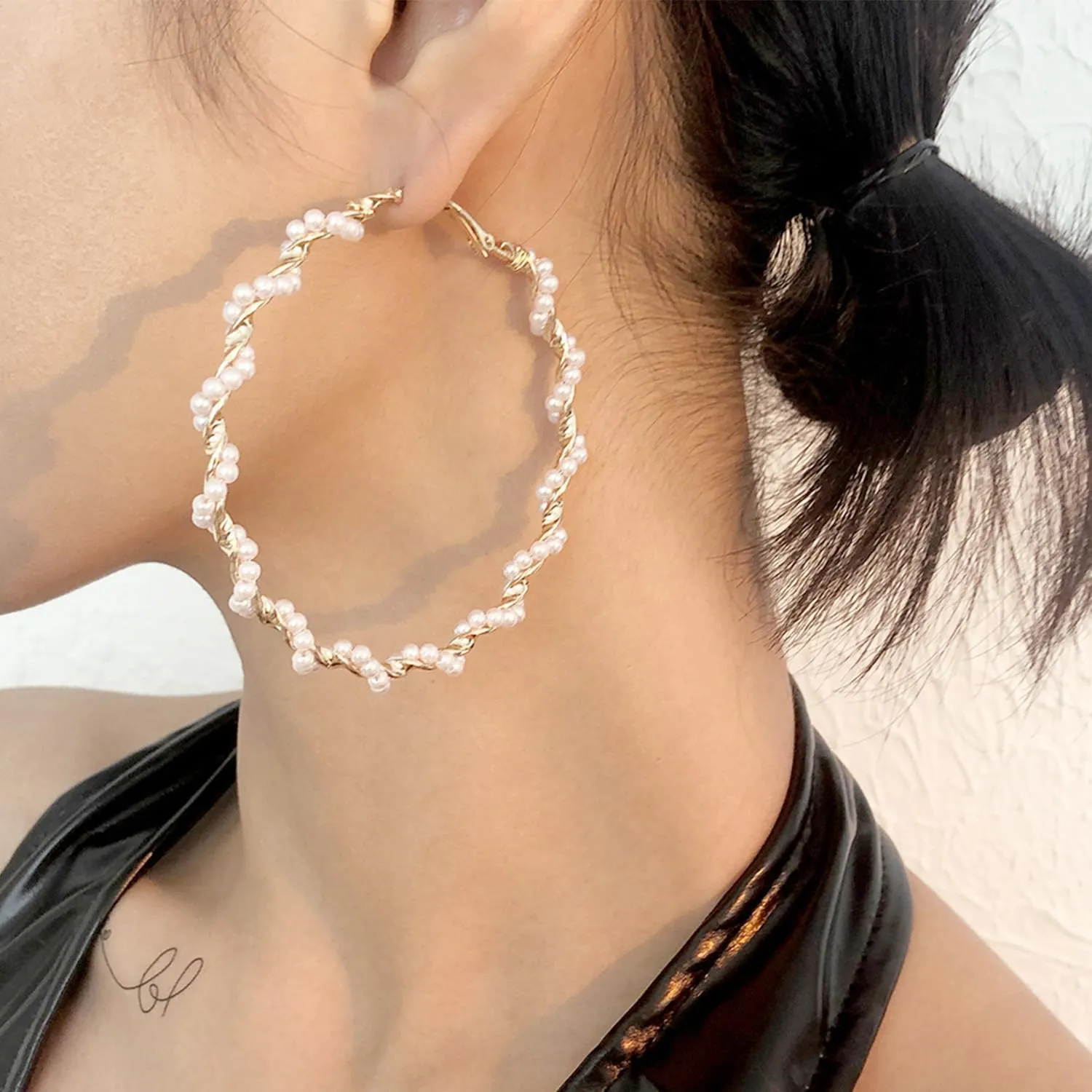 Pearl Hoop Earrings Large Hoops Circle White Pearls Earrings Gold Elegant Lightweight Drop Dangle Earrings Open Big Circle Round Pearl Earrings Jewelry Wedding Birthday Gift for Women