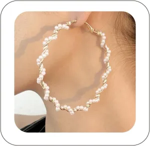 Pearl Hoop Earrings Large Hoops Circle White Pearls Earrings Gold Elegant Lightweight Drop Dangle Earrings Open Big Circle Round Pearl Earrings Jewelry Wedding Birthday Gift for Women