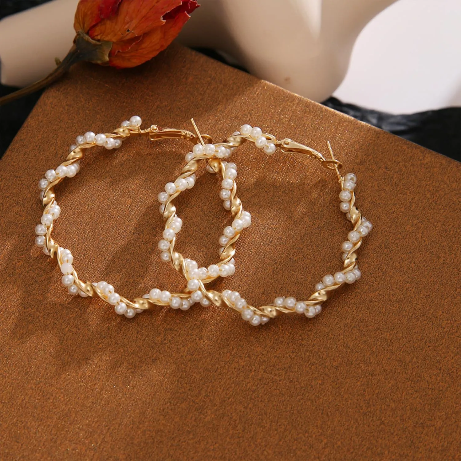 Pearl Hoop Earrings Large Hoops Circle White Pearls Earrings Gold Elegant Lightweight Drop Dangle Earrings Open Big Circle Round Pearl Earrings Jewelry Wedding Birthday Gift for Women