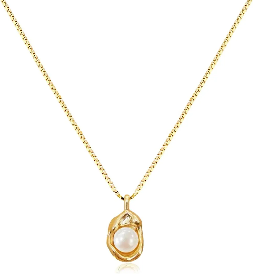 Pearl Necklace 14K Gold Plated Pendant with 6mm Freshwater Pearl Necklaces Gift for Women (055)