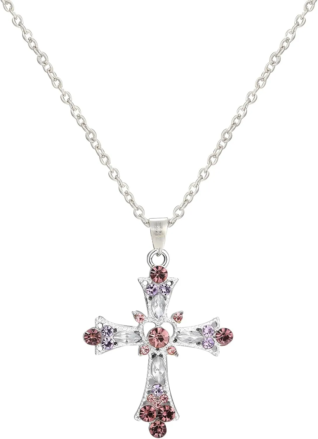 Pink Crystal Cross Necklace for Women Gemstone Cr oss Necklace Punk Inlaid Zircon Cr oss Choker Necklaces