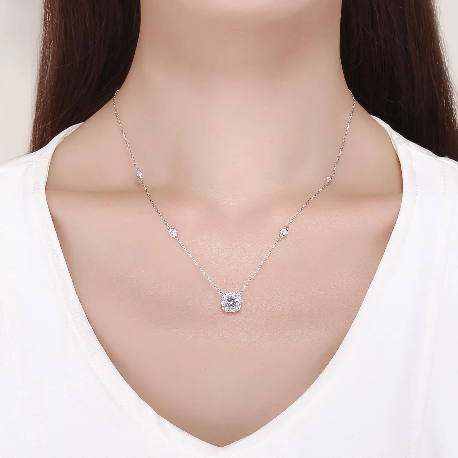 Platinum Plated Cubic Zirconia/Austrian Crystal Cushion Shape Halo Pendant Necklace/Earrings