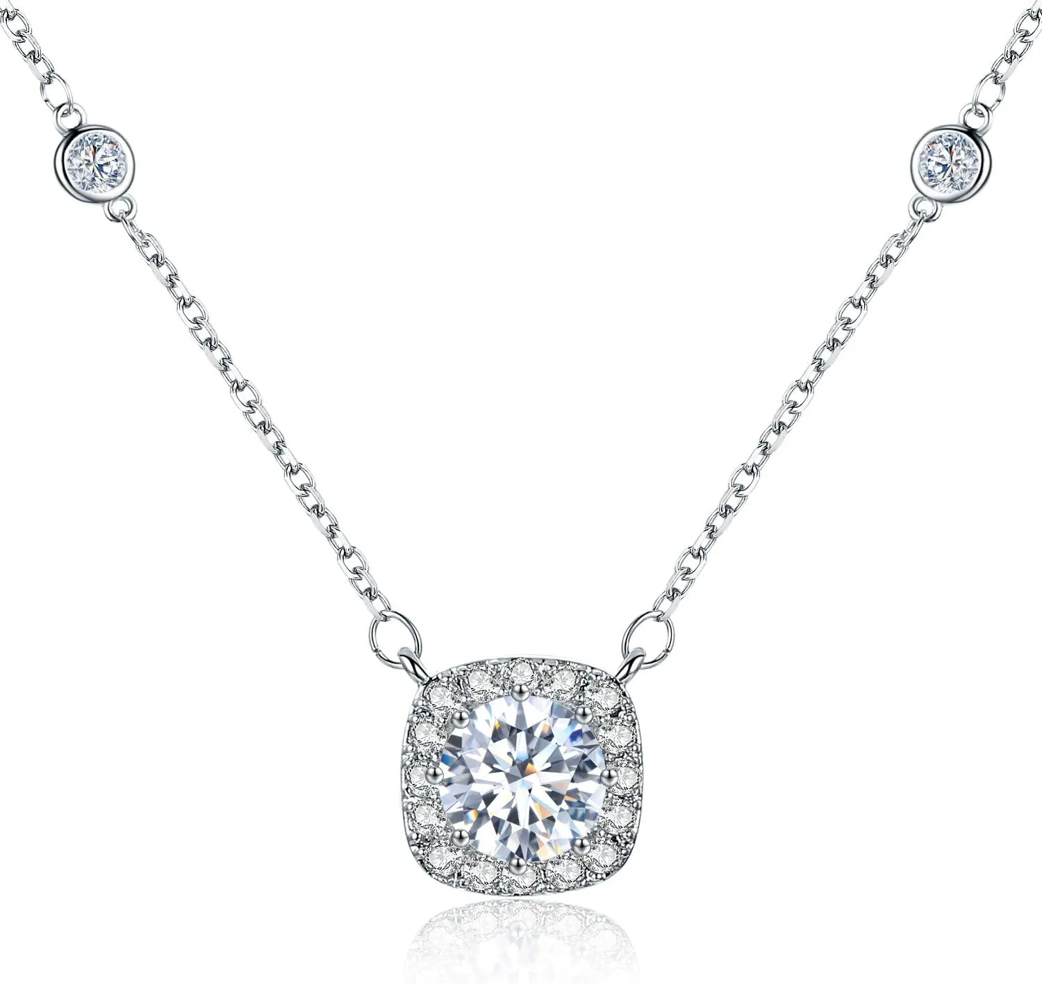 Platinum Plated Cubic Zirconia/Austrian Crystal Cushion Shape Halo Pendant Necklace/Earrings