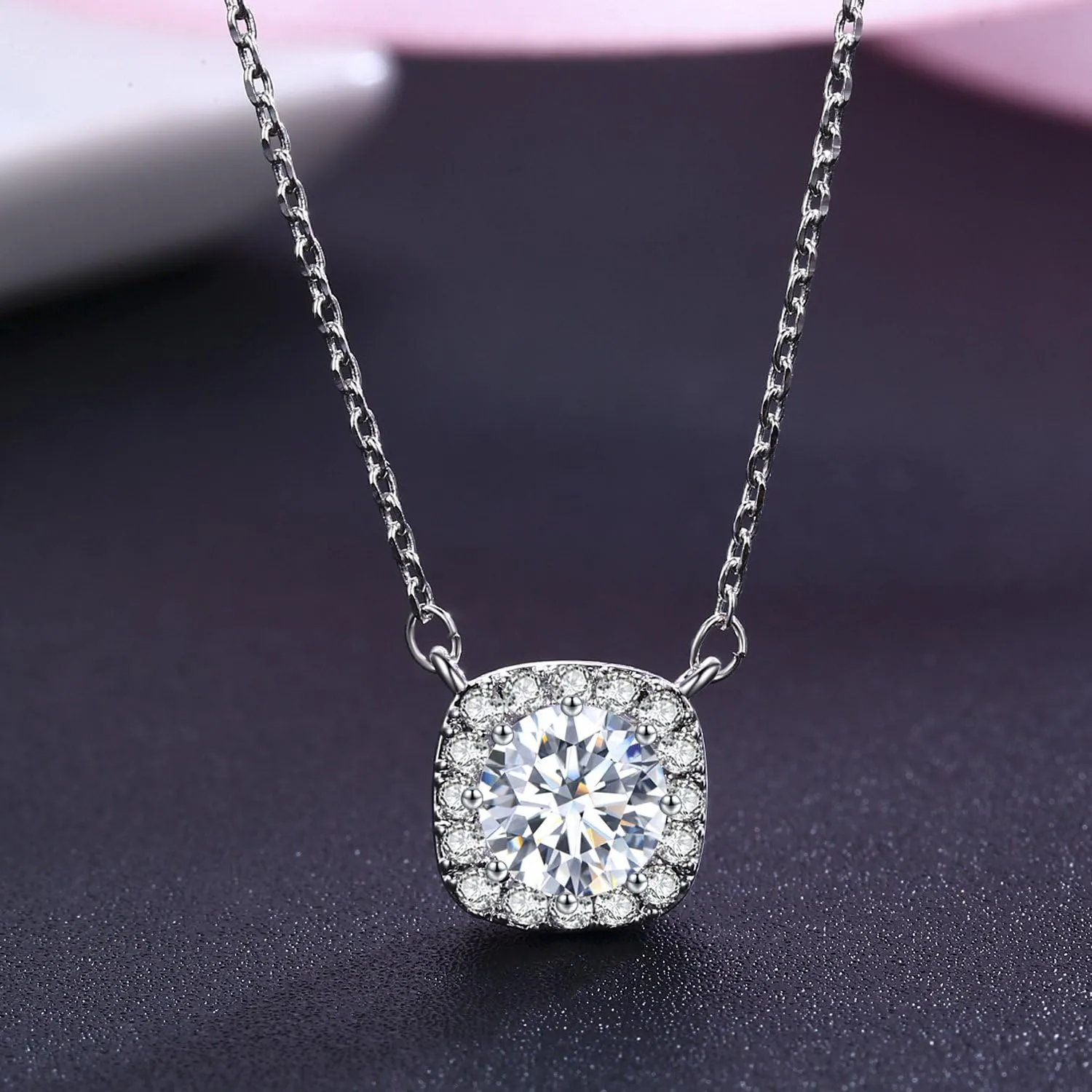 Platinum Plated Cubic Zirconia/Austrian Crystal Cushion Shape Halo Pendant Necklace/Earrings