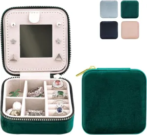Plush Velvet Travel Jewelry Case with Mirror, Jewelry Box Organizer for Women Girls,Small Portable Organizer Boxes for Rings Earrings Necklaces BraceletsEmerald