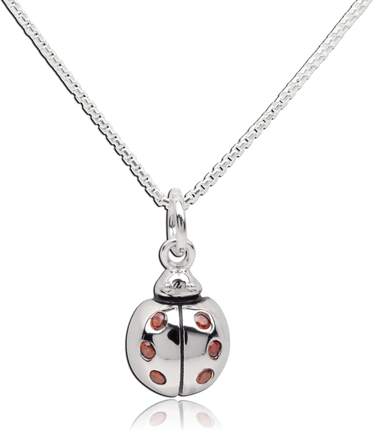 Precious Pieces Children's Sterling Silver Ladybug Pendant Necklace with Red CZs, 14"