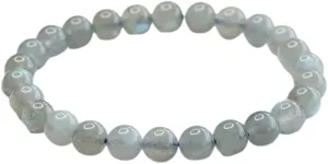 QBN Natural Labradorite Crystal Beaded Bracelet, 6mm Gray Moonstone with Blue Flash, 5.9 Inches