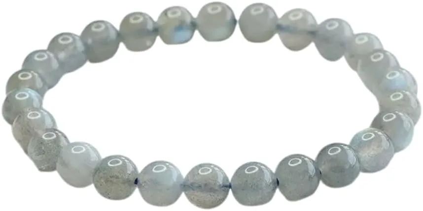 QBN Natural Labradorite Crystal Beaded Bracelet, 6mm Gray Moonstone with Blue Flash, 5.9 Inches