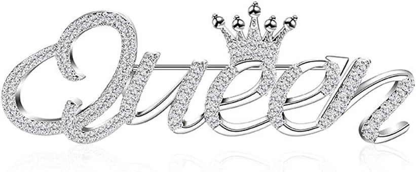 Queen Crown Brooch With Shiny Crystal Rhinestone and Letter - Fashion Elegant Princess Shape Dress Sweater Coat Lapel Pin Accessories