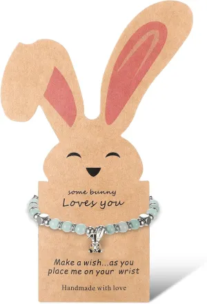 Quelay Easter Gifts for Women Easter Bunny Bracelet Stainless Steel Bunny Tiny Gemstone Charm Rabbit Bracelets for Women with Cute Rabbit Friendship Card for Basket Stuffers
