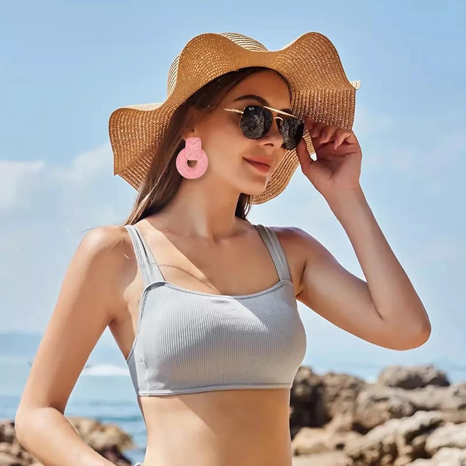Rattan Statement Earrings for Women Boho Straw Braid Drop Dangle Earrings for Womens Beach Vacation Outfits