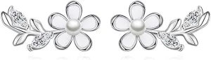 Reffeer Solid 925 Sterling Silver Flower Stud Earrings for Women Teens CZ Leaf Post Stud Earrings Pearl Flower Studs
