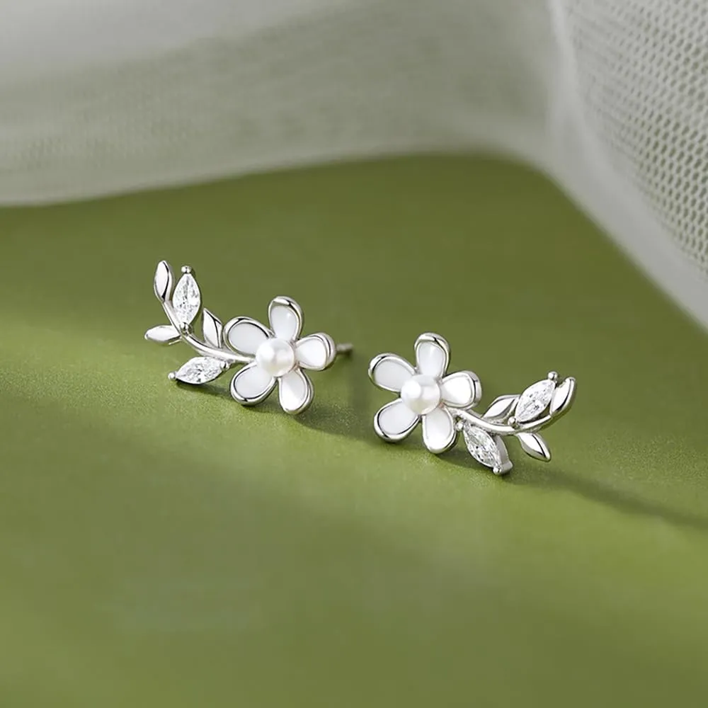 Reffeer Solid 925 Sterling Silver Flower Stud Earrings for Women Teens CZ Leaf Post Stud Earrings Pearl Flower Studs