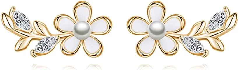 Reffeer Solid 925 Sterling Silver Flower Stud Earrings for Women Teens CZ Leaf Post Stud Earrings Pearl Flower Studs