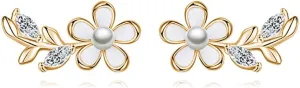 Reffeer Solid 925 Sterling Silver Flower Stud Earrings for Women Teens CZ Leaf Post Stud Earrings Pearl Flower Studs