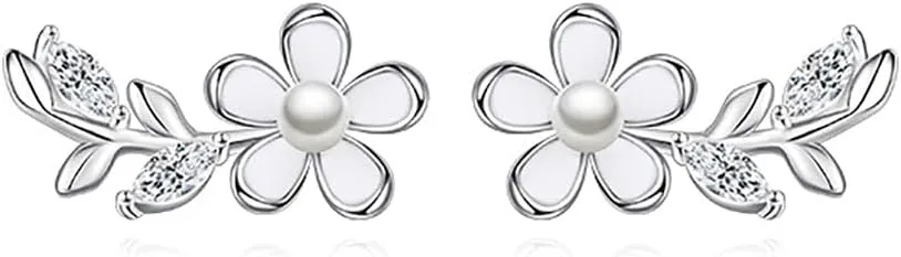 Reffeer Solid 925 Sterling Silver Flower Stud Earrings for Women Teens CZ Leaf Post Stud Earrings Pearl Flower Studs