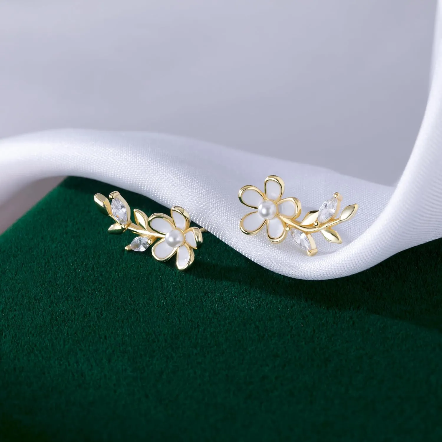 Reffeer Solid 925 Sterling Silver Flower Stud Earrings for Women Teens CZ Leaf Post Stud Earrings Pearl Flower Studs