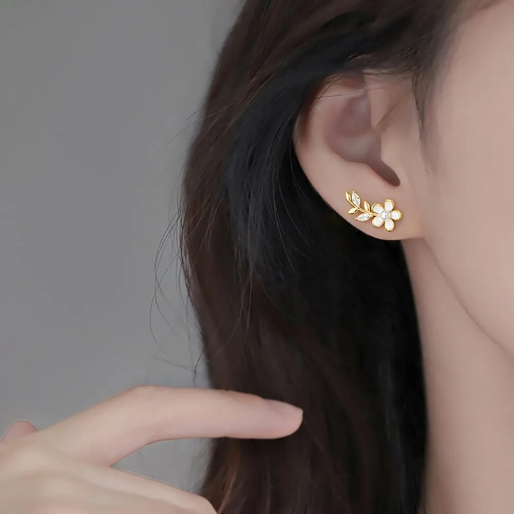 Reffeer Solid 925 Sterling Silver Flower Stud Earrings for Women Teens CZ Leaf Post Stud Earrings Pearl Flower Studs