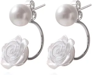 Reffeer Solid 925 Sterling Silver Pearl Jacket Cuff Earrings Wraps for Women Pearl Front Back Stud Earrings
