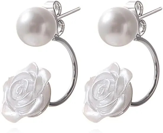Reffeer Solid 925 Sterling Silver Pearl Jacket Cuff Earrings Wraps for Women Pearl Front Back Stud Earrings