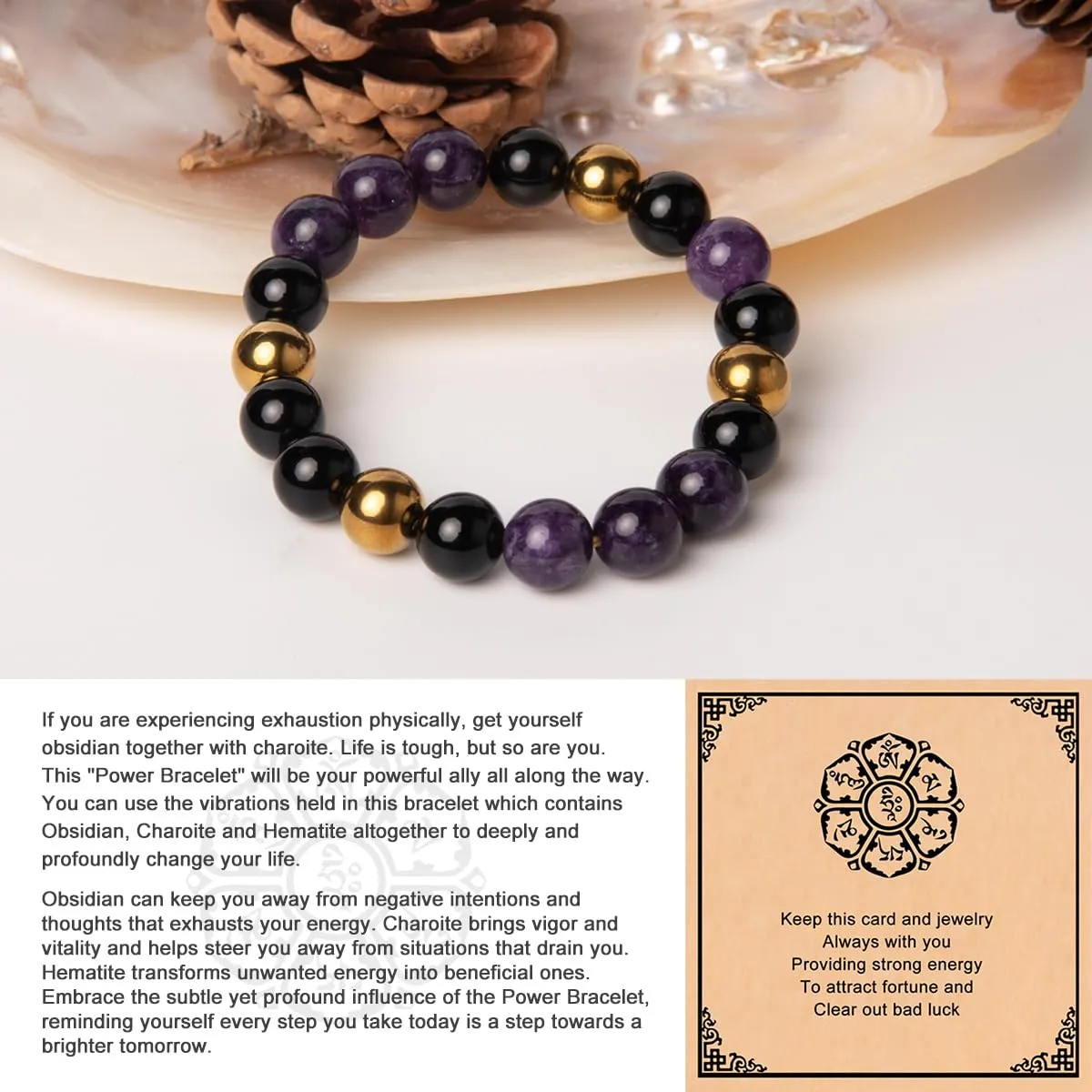 Relieve Anxiety Bring Serenity Powerful Bracelet-10mm Charoite Obsidian Hematite Beaded Bracelets- Gifts for Men Women Boy Girl Dad Mom Son Daughter Couple Birthday