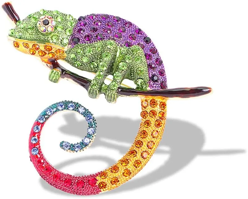 Rhinestone Chameleon Brooch Pin for Women Girls Fashion Exquisite Big Green Purple Colorful Crystal Animal Lizard Brooches Lapel Pins Dress Accessories Mardi Gras Carnival Holiday Jewelry Unisex Gift