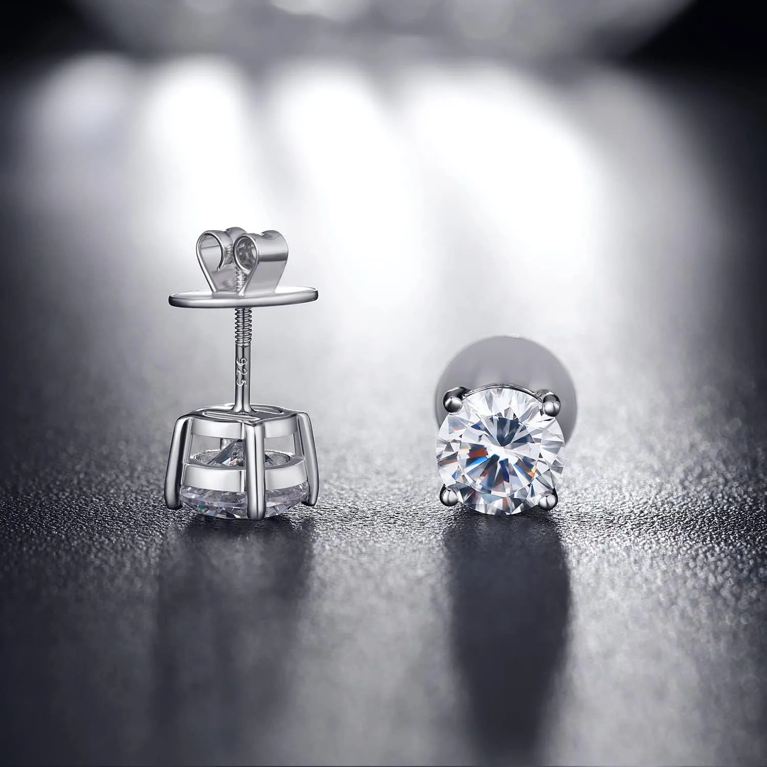 Rhodium Plated Sparkling CZ Diamond Stud Earrings 925 Sterling Silver Round Cut and Princess Cut 5A  Cubic Zirconia Stud Earrings | Screw Back CZ Stud Earrings Hypoallergenic Earrings
