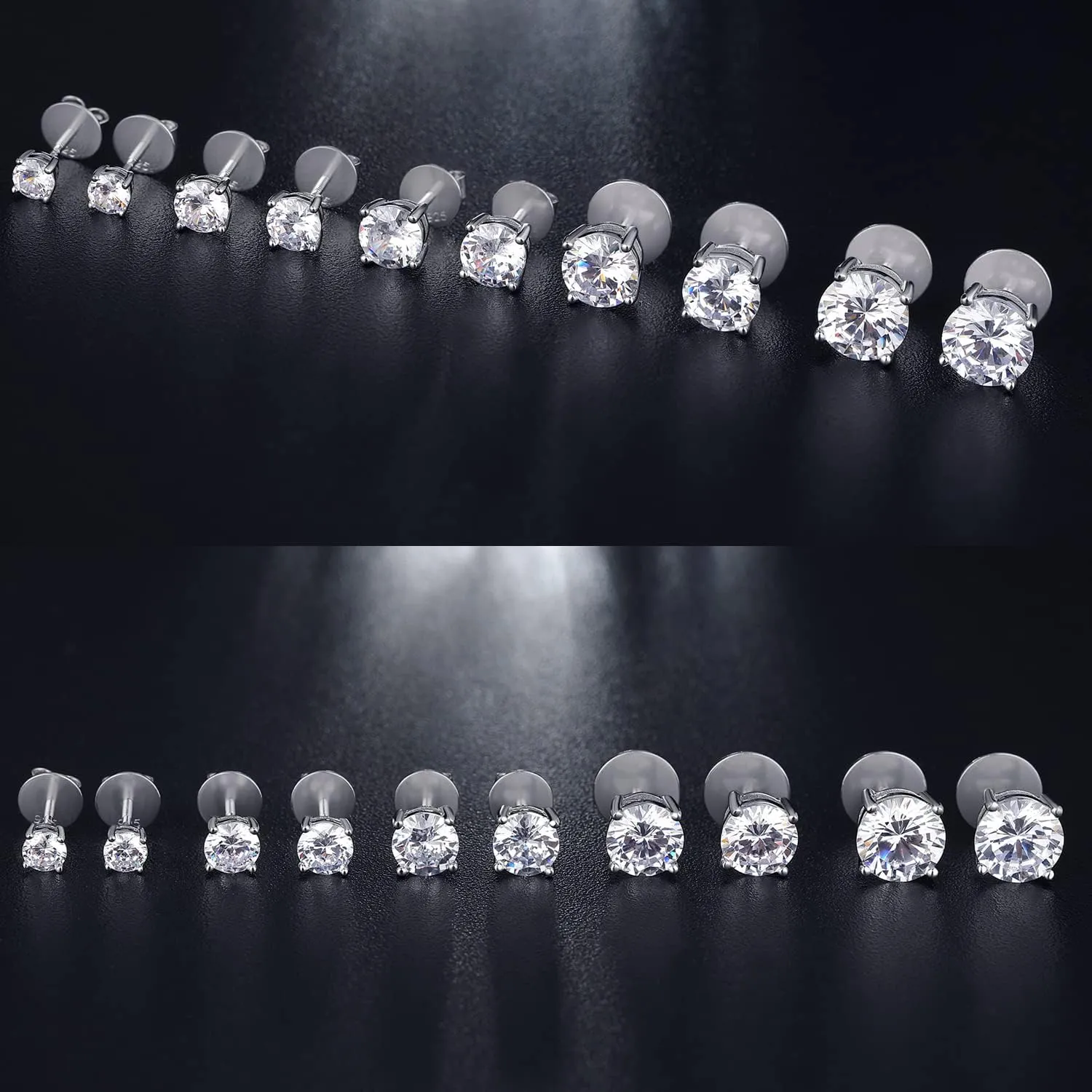 Rhodium Plated Sparkling CZ Diamond Stud Earrings 925 Sterling Silver Round Cut and Princess Cut 5A  Cubic Zirconia Stud Earrings | Screw Back CZ Stud Earrings Hypoallergenic Earrings