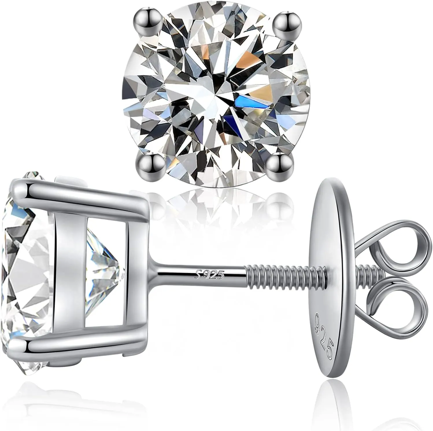 Rhodium Plated Sparkling CZ Diamond Stud Earrings 925 Sterling Silver Round Cut and Princess Cut 5A  Cubic Zirconia Stud Earrings | Screw Back CZ Stud Earrings Hypoallergenic Earrings