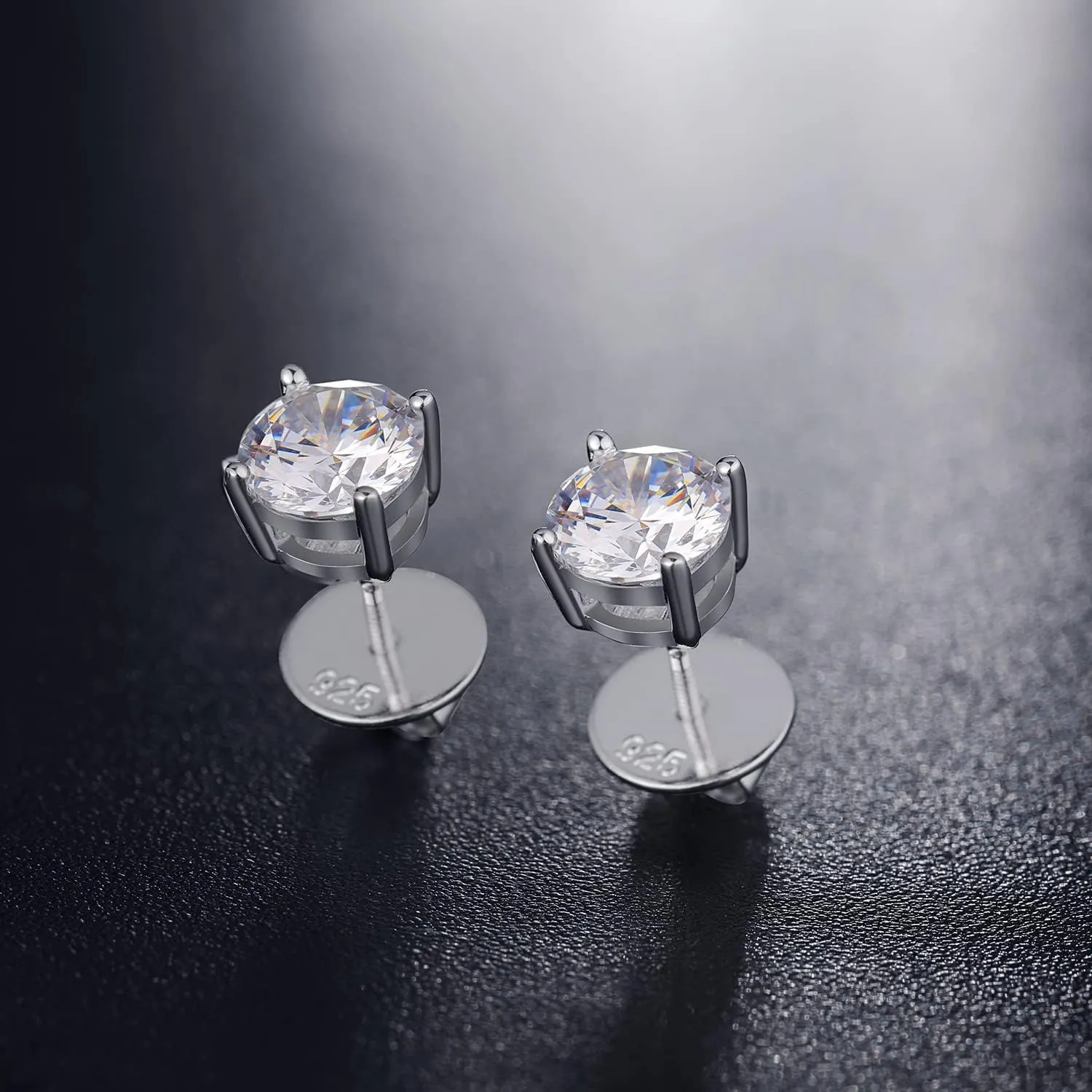Rhodium Plated Sparkling CZ Diamond Stud Earrings 925 Sterling Silver Round Cut and Princess Cut 5A  Cubic Zirconia Stud Earrings | Screw Back CZ Stud Earrings Hypoallergenic Earrings
