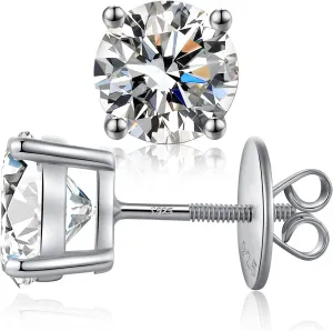 Rhodium Plated Sparkling CZ Diamond Stud Earrings 925 Sterling Silver Round Cut and Princess Cut 5A  Cubic Zirconia Stud Earrings | Screw Back CZ Stud Earrings Hypoallergenic Earrings