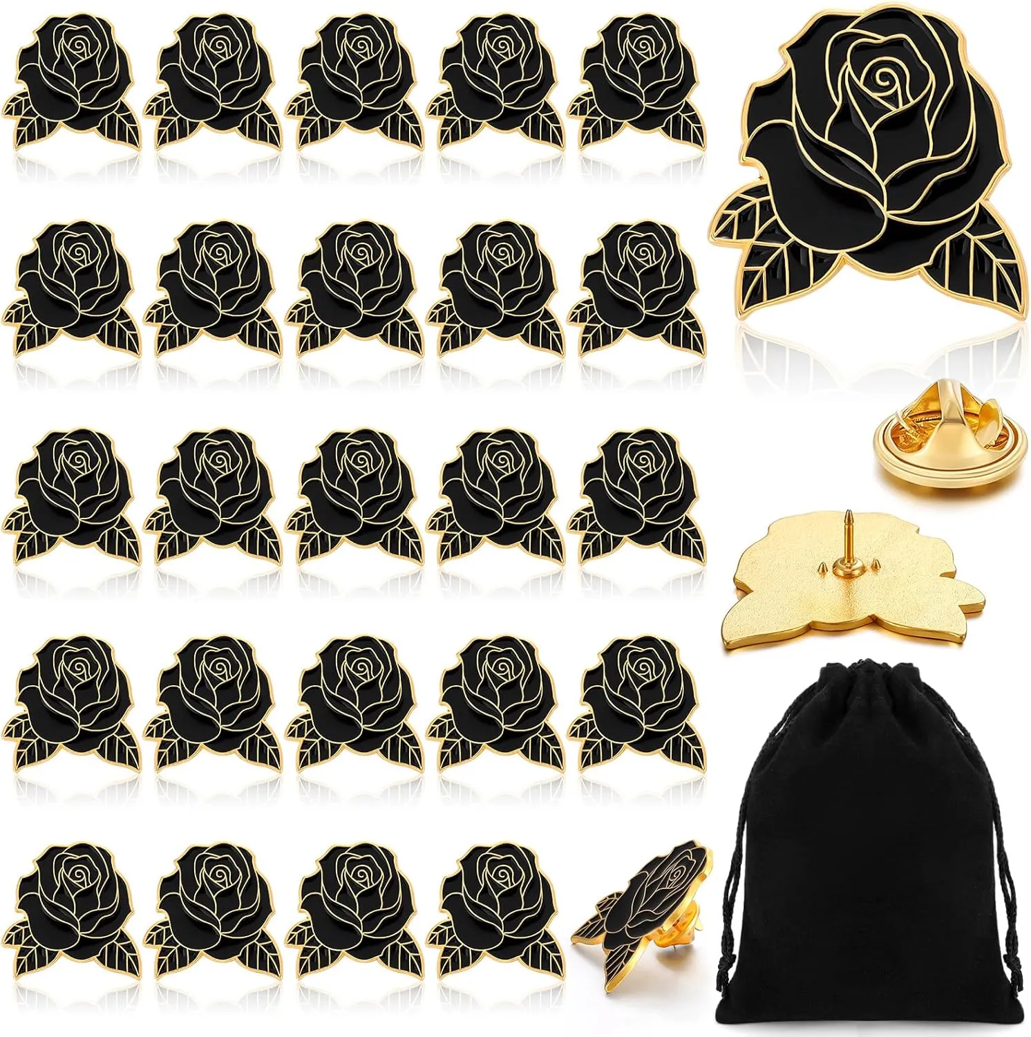 Riceshoot 24 Pcs Black Rose Lapel Pin Memorial Day Flower Enamel Brooch Pin Collectible Floral Gift for Women Men Graduation Party Veterans Day