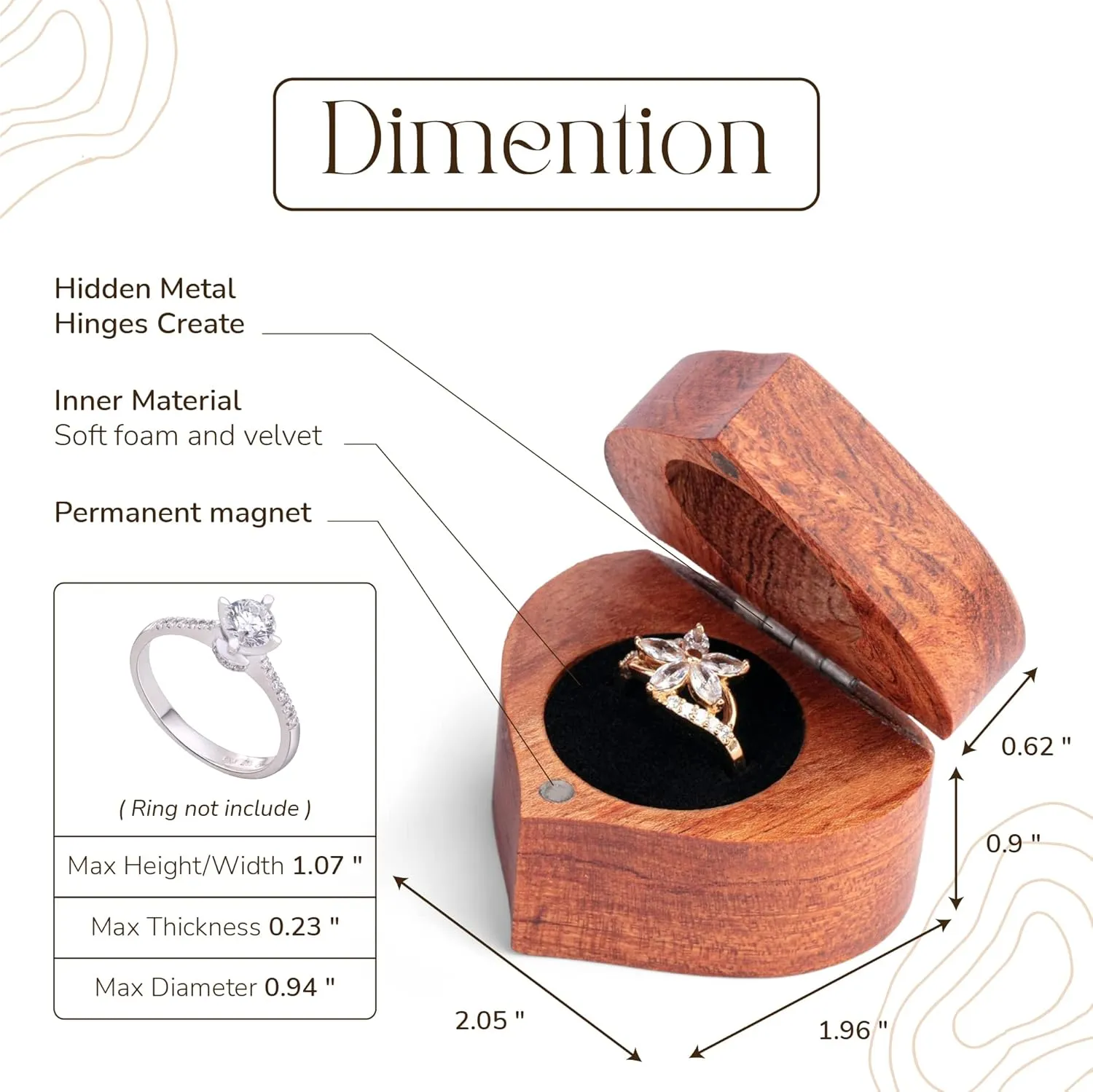 Ring Box Heart - Handmade Wooden Ring Box for Proposal, Ring Holder Box with Single Slot, Unique heart Shape Engraved With Will you marry me? (Heart)