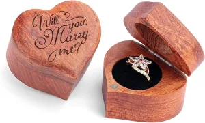 Ring Box Heart - Handmade Wooden Ring Box for Proposal, Ring Holder Box with Single Slot, Unique heart Shape Engraved With Will you marry me? (Heart)
