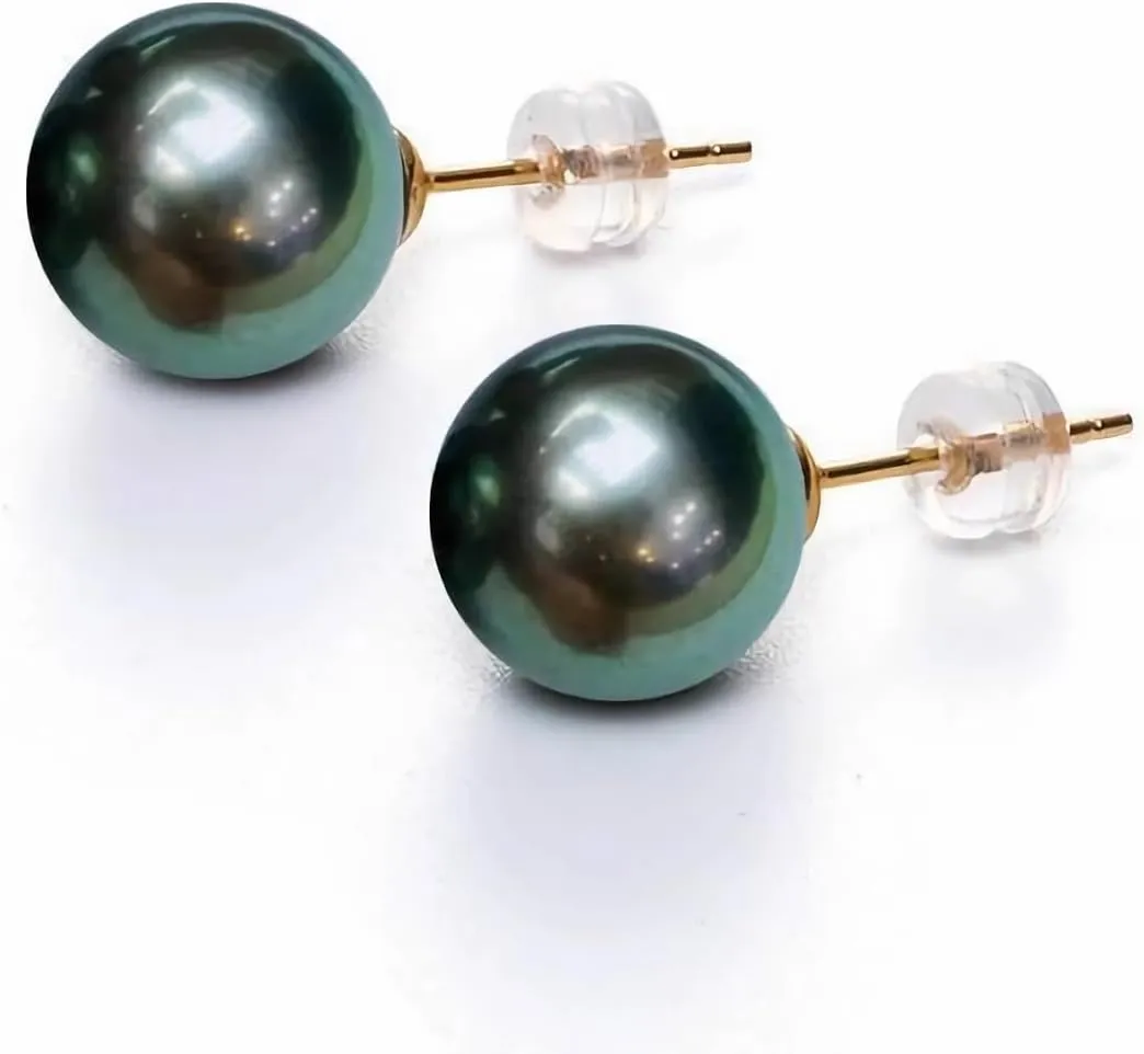 Round Tahitian black pearl earrings, circle carefully handpicked AAAA  grade paired Tahitian black pearl 925 silver 18K Gold plated earrings, hypoallergenic cultured pearls blacks pearls earring for women.