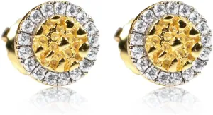 Round Unisex 14K Yellow Gold Plated 925 Sterling Silver Circle Small 90's Hip Hop Ice Out 5A Cz Little Hypoallergenic Solid Gold Nugget Stud Cubic Zirconia Screw Back Earrings For Men Women
