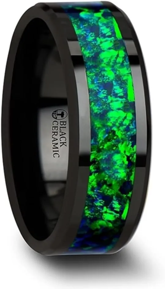 Roy Rose Jewelry Black Ceramic with Beveled Edges and Emerald Green & Sapphire Blue Color Opal Inlay Unique Matching Couple Wedding Ring Set 6mm & 8mm Wide Style Name: Pulsar (Set of Two Rings)