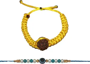 Rudraksha Bracelet Rakhi Set of 2, Rudhaksha Rakhi and Evil Eye Rakhi, Rope Bracelet with Rudraksh Bead, Rakhi Gifts for Brother, Sister, Bhaiya, Bhabhi for Indian Rakhi Raksha Bandhan Festival
