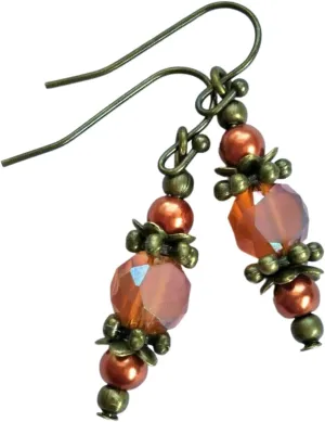 Rust Frosted Crystal Orange Glass Pearl Bronze French Hook Artisan Earrings Jewelry Handmade Dangle Leverback Vintage Crafted For Women